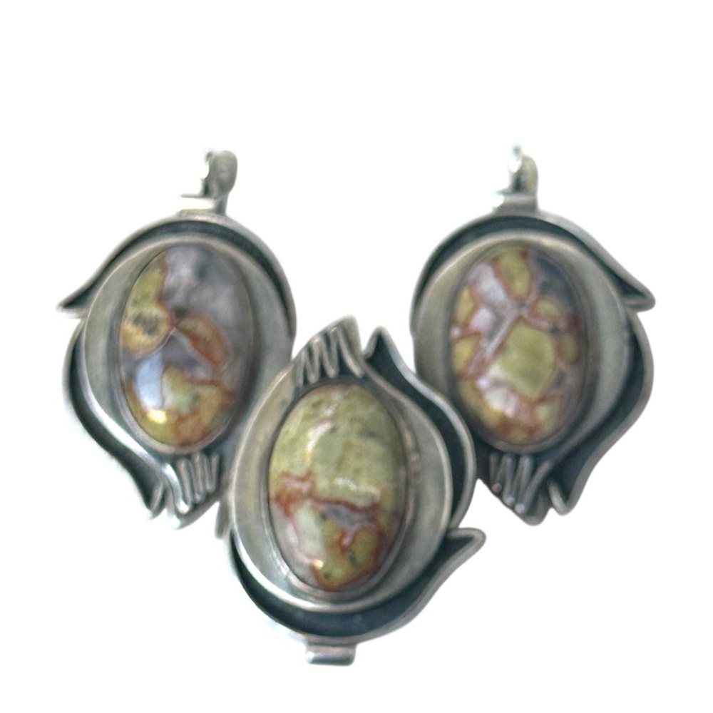 Vintage Sterling Silver Jasper Ring & Earrings Set – Factory stamp